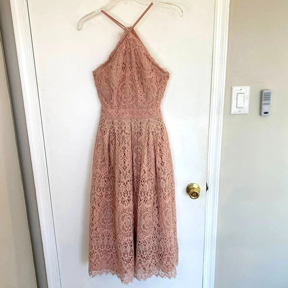 ASOS Blush Pink Lace Pinny Scallop Edge Midi Racerback Formal Dress - Picture 1 of 10